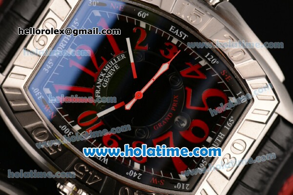 Franck Muller Conquistador Grand Prix Asia Automatic Steel Case with Black Dial Red Markers and Black Leather Bracelet - Click Image to Close
